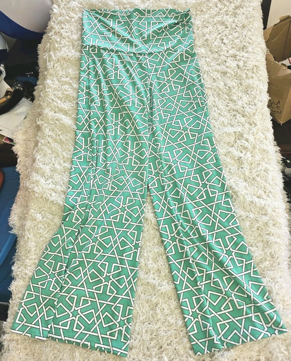 White Mark Geometric Palazzo Pants XL Green White Wide Leg Foldover Waist Artsy